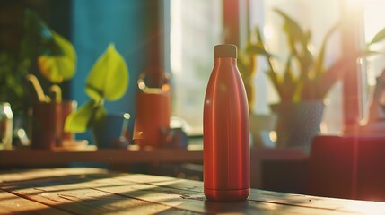 Stylish thermo bottle on wooden table at workplace in office : Generative AI