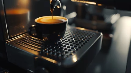 Foto op Plexiglas coffee machine and cup of coffee with foam close up the process of making coffee in the coffee machine : Generative AI © Generative AI