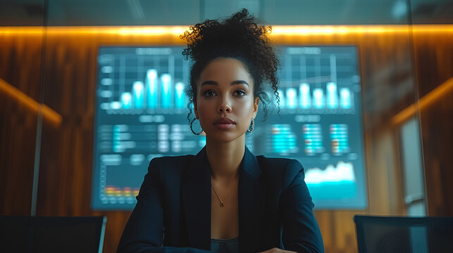 Attractive female in front of video screen - stylish clothing - graphs -0 data analysis - business meeting - board meeting - presentation 