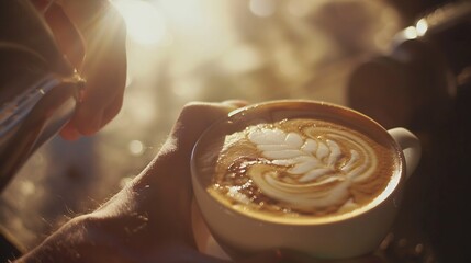 Hand of barista making beautiful latte art in coffee shop : Generative AI - obrazy, fototapety, plakaty