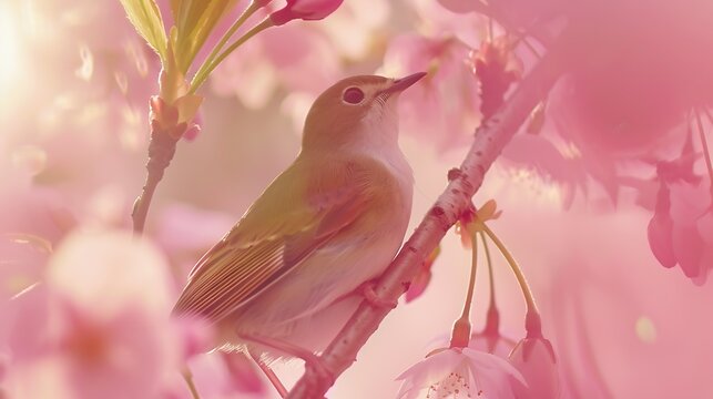 beautiful bird Chestnutflanked WhiteeyeZosterops erythropleurus with Cherry blossom pink sakura flower : Generative AI