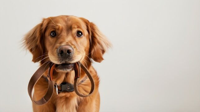 Adorable Golden Retriever dog holding leash in mouth on white background : Generative AI