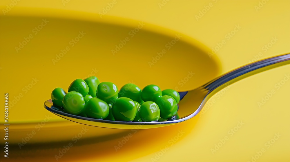 Poster spoon with a slide of green peas on a yellow plate closeup macro fresh tasty green peas on a yellow 