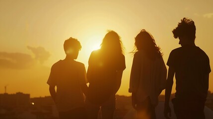 silhouette of group of friends standing in sunset : Generative AI