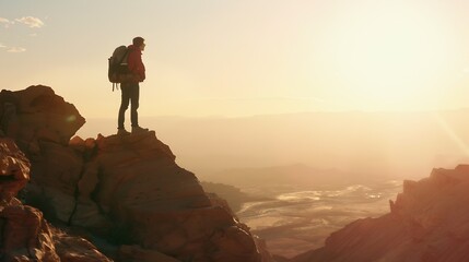 Young man with backpack standing on the top of a mountain at sunset Goals and achievements : Generative AI