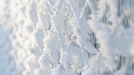 Obraz premium Details metal mesh in the snow fence covered by snow and hoarfrost Beautiful white fence net snow outdoors in winter closeup : Generative AI
