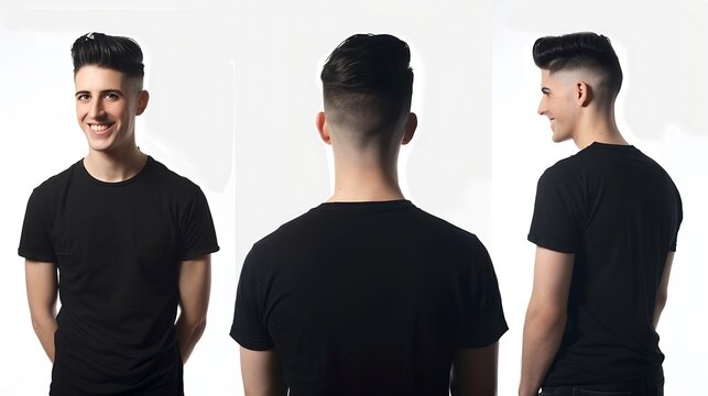 Collage with photos of man in black tshirt on white background back and front views Mockup for design : Generative AI