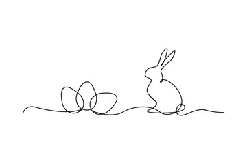 One line drawing of rabbit with Easter eggs. Minimalist Easter art. Vector illustration. EPS 10.