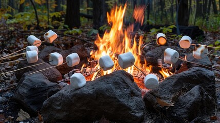 A group of friends roasting marshmallows over a crackling campfire in the heart of a dense forest.