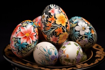 Fototapeta premium Colorful Painted eggs floral design. Gift paint. Generate Ai