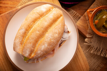 Mexican ham sandwich, in Mexico it is called Torta de Jamon, it is the most popular of the Mexican Tortas and the recipe varies depending on who prepares it, made with bolillo or telera bread.