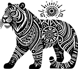 tiger, wildcat animal silhouette in ethnic tribal tattoo,

