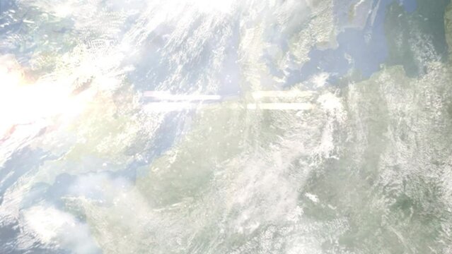 Earth zoom in from space and focus on Lingen, Germany. 3D Animation. Satellite view. Background for travel intro. Images from NASA