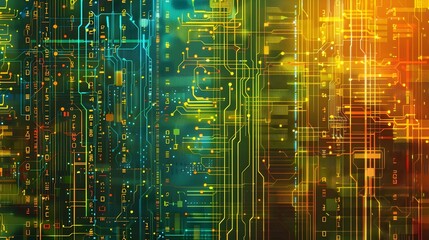 A colorful illustration of a circuit board with bright lines in the style of light green and dark gold It represents technology and modern digital art