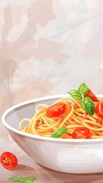 Delicious and healthy Italian spaghetti with fresh sliced tomatoes and basil served in a bowl Vector illustration in the style of and brushstroke fields Perfect for gourmet and cooking related content