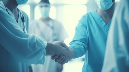 Celebrating Success: Surgeon Team Shakes Hands After Successful Medical Operation. Ideal for Hospitals, Clinics & Medical Professionals