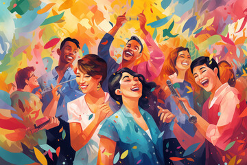 Obraz premium A vibrant depiction of people laughing and enjoying themselves in a colorful illustration.