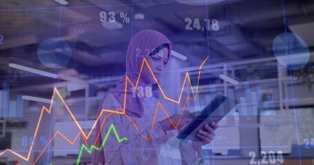 Image of financial data processing over biracial businesswoman in hijab working in office