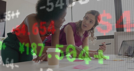 Image of financial data processing over diverse business people in office