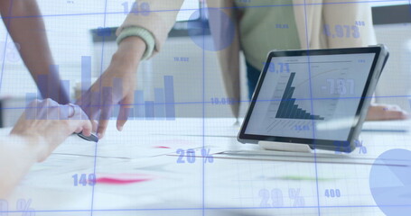 Image of financial data processing over diverse businesspeople working in office