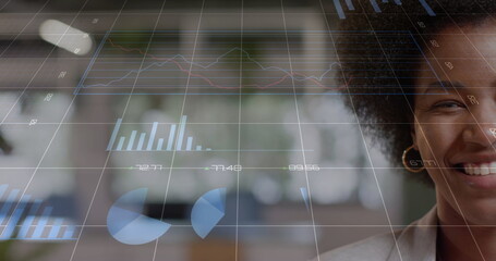 Image of financial data processing over african american businesswoman in office