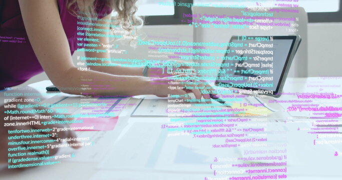 Image of financial data processing over diverse business people in office