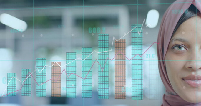 Image of financial data processing over biracial businesswoman in hijab in office