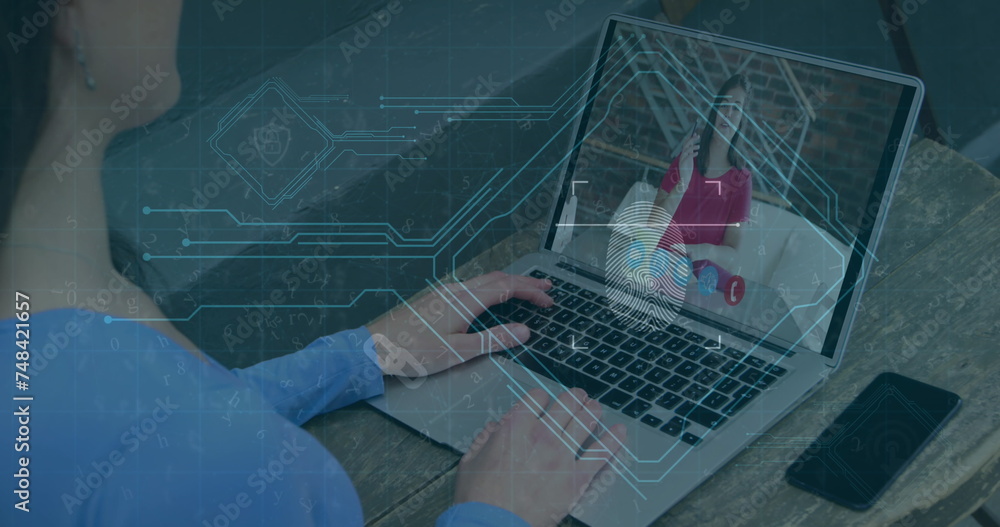 Poster image of computer circuit board elements over woman using laptop on image call