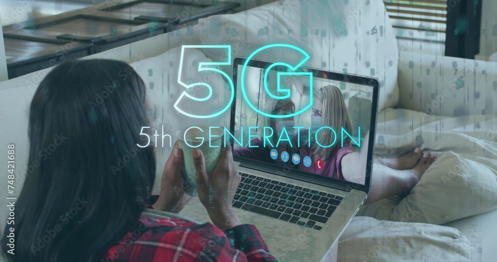 Poster image of 5g 5th generation text over woman using laptop on image call in background