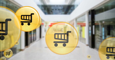 Image of shopping icons over shop