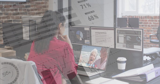 Image of statistics recording over woman using laptop on image call - Powered by Adobe
