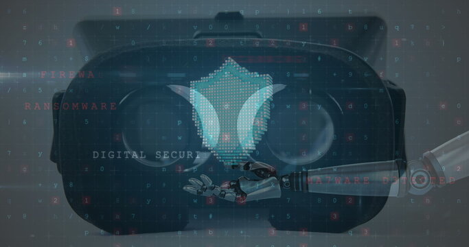 Image of online shield padlock over robot's arm and vr headset in background