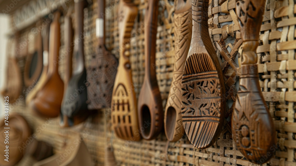 Poster a selection of handcarved wooden ss and utensils each with its own distinct shape and design hanging