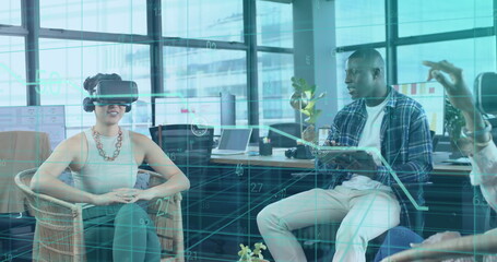 Image of financial data processing over diverse businesspeople in office