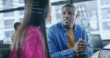 Image of financial data processing over diverse businesspeople in office