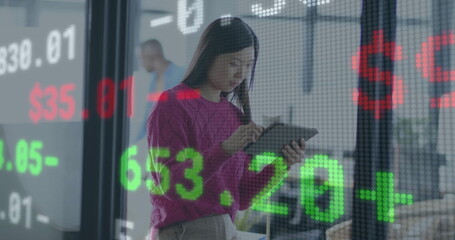 Image of financial data processing over asian businesswoman working in office