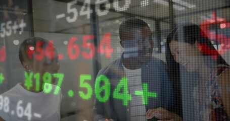 Image of financial data processing over diverse businesspeople working in office