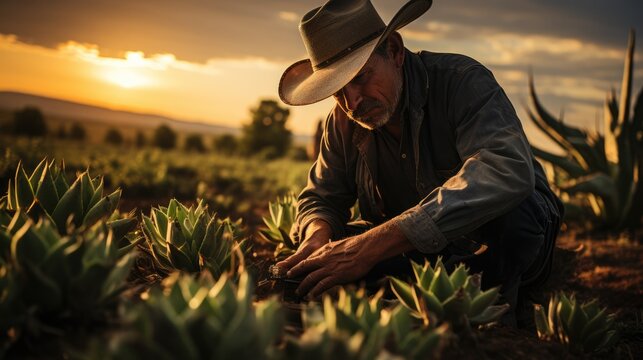Farmer in cowboy hat cutting agave on farm 
