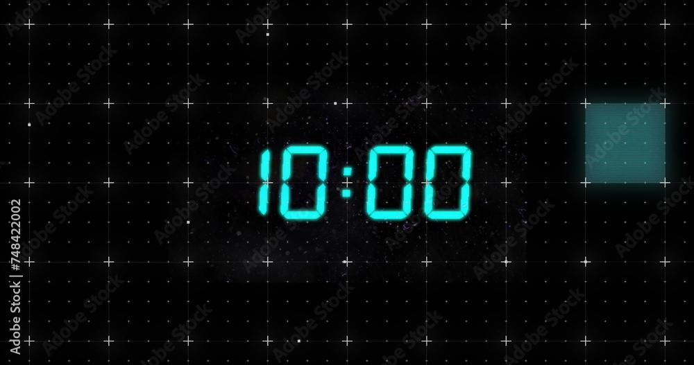 Poster image of blue digital clock timer changing over grid on black background