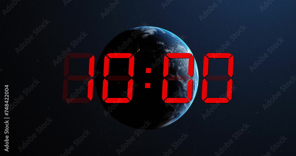 Poster image of red digital timer changing with globe on black background