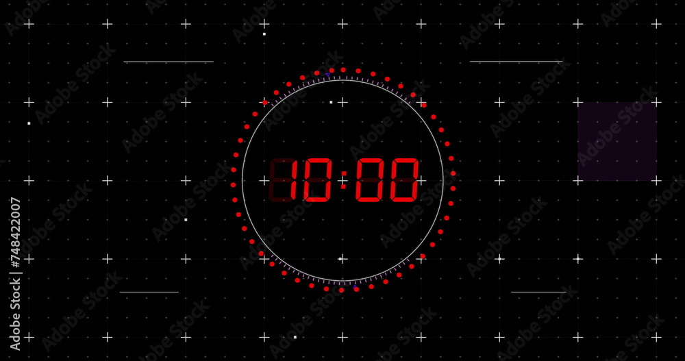 Poster image of red digital timer changing with dots and circles on black background