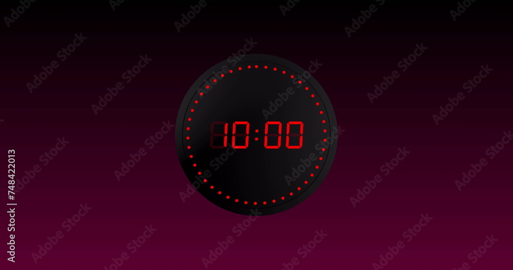 Poster Image of red digital timer changing with dots and circles on purple background