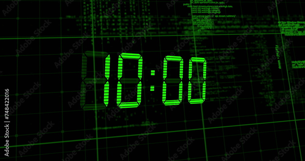 Poster image of green digital clock timer changing over data processing on black background