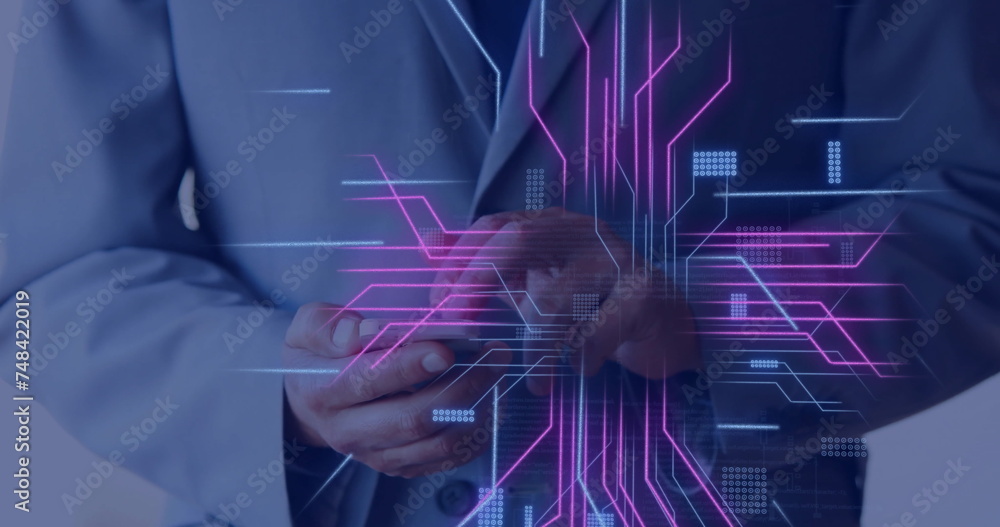 Poster image of circuit board with data processing over caucasian man using smartphone