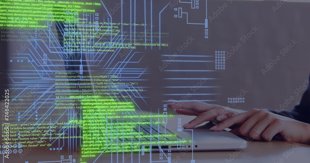 Poster image of circuit board with data processing over caucasian woman using laptop
