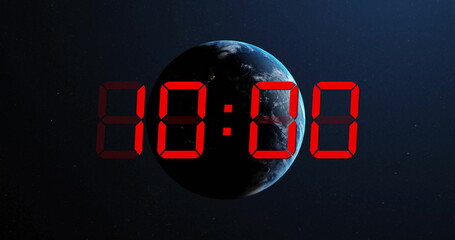 Image of red digital timer changing with globe on black background