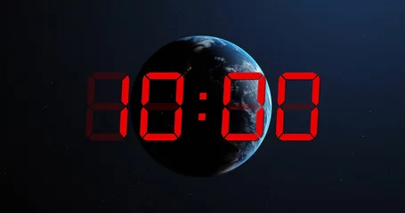 Küchenrückwand glas motiv Image of red digital timer changing with globe on black background © vectorfusionart