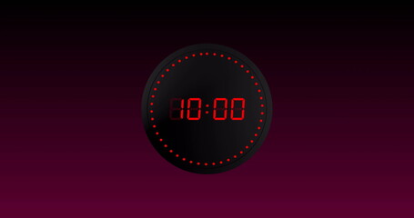 Image of red digital timer changing with dots and circles on purple background