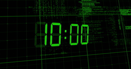 Image of green digital clock timer changing over data processing on black background