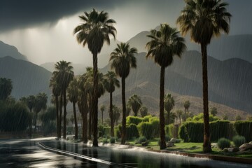Majestic Tropical palm on mountain in rainy weather. Exotic natural tree on dark rain clouds view. Generate ai